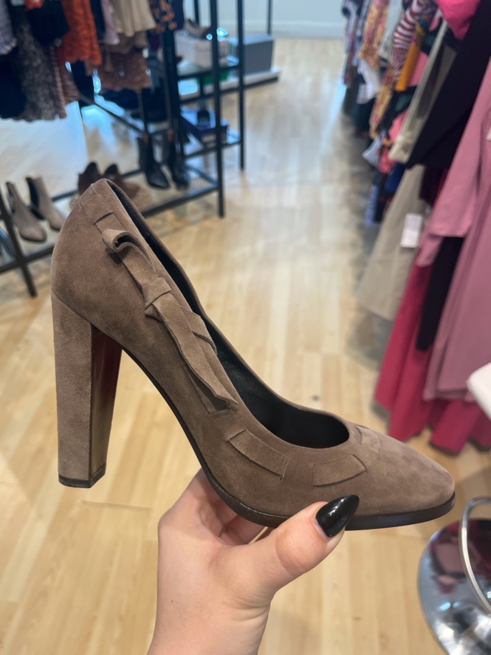 Hermes Taupe Suede Block Heel Pump with Ribbon Bow Detail - 37